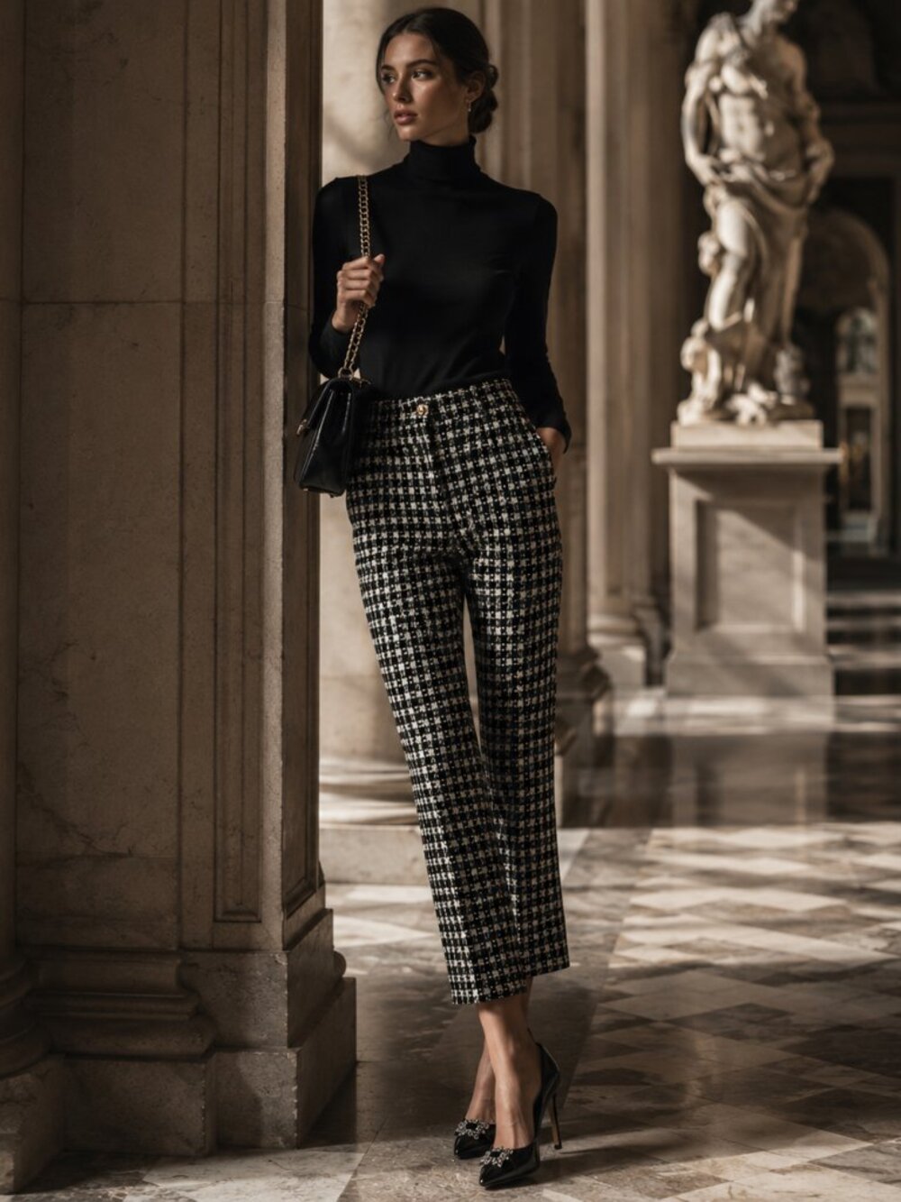 Zara High Waisted Textured Weave Pants Black/Green NWT